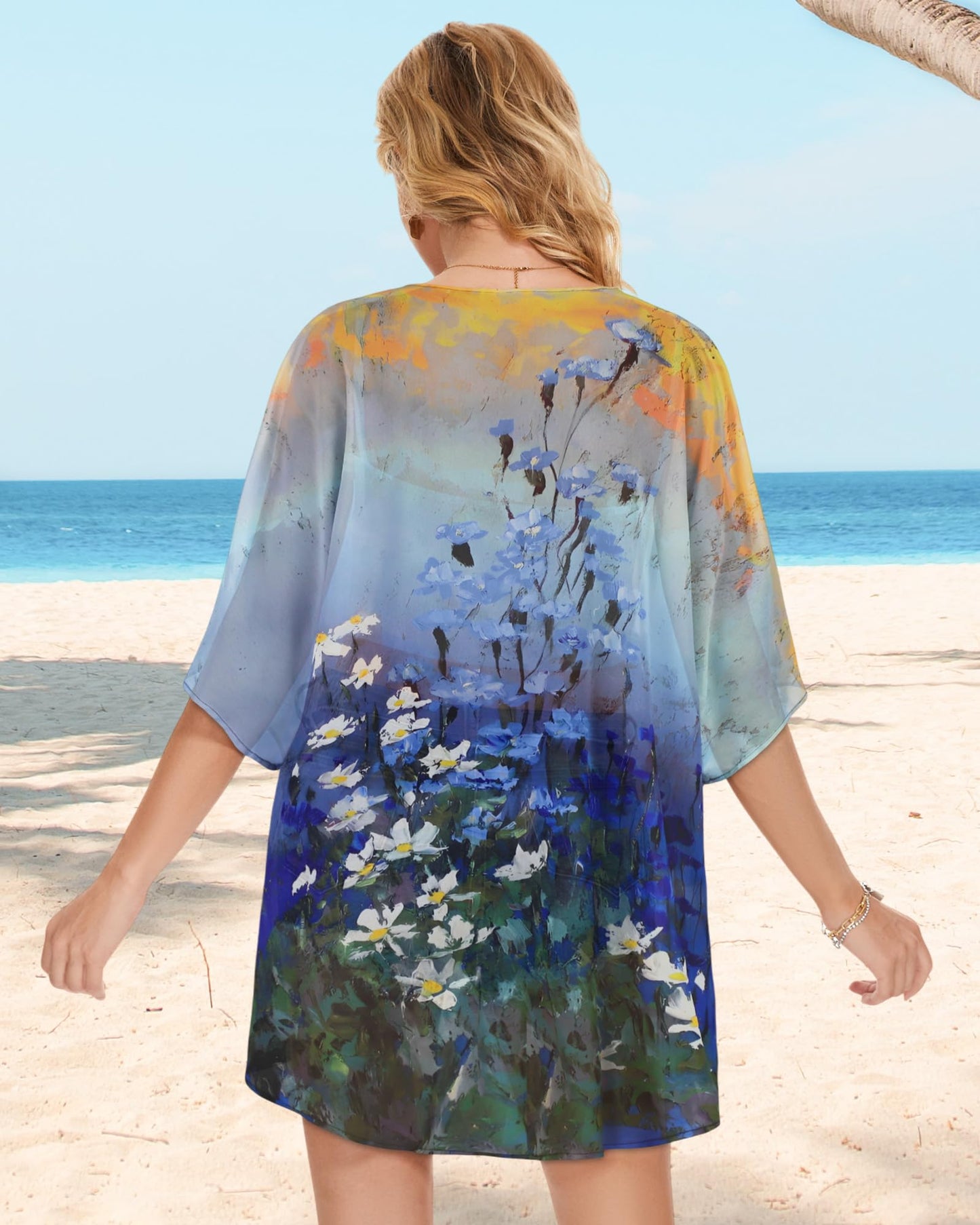Womens Casual Tops Bathing Suit Cover Up Summer Kimono Cardigan Hawaiian Shirts (Sunset and Flowers, S)