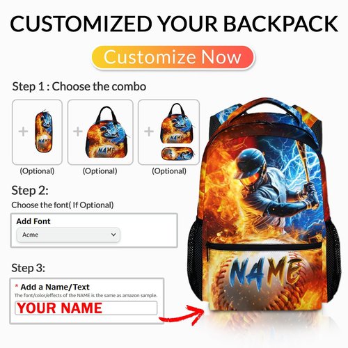 Backpack for Boys, Personalized Baseball Backpacks for Kids Teens Elementary Middle Primary High Senior, 17 Inch Lightweight Custom Sport Bookbag for Ages 6-18 Back to School Travel