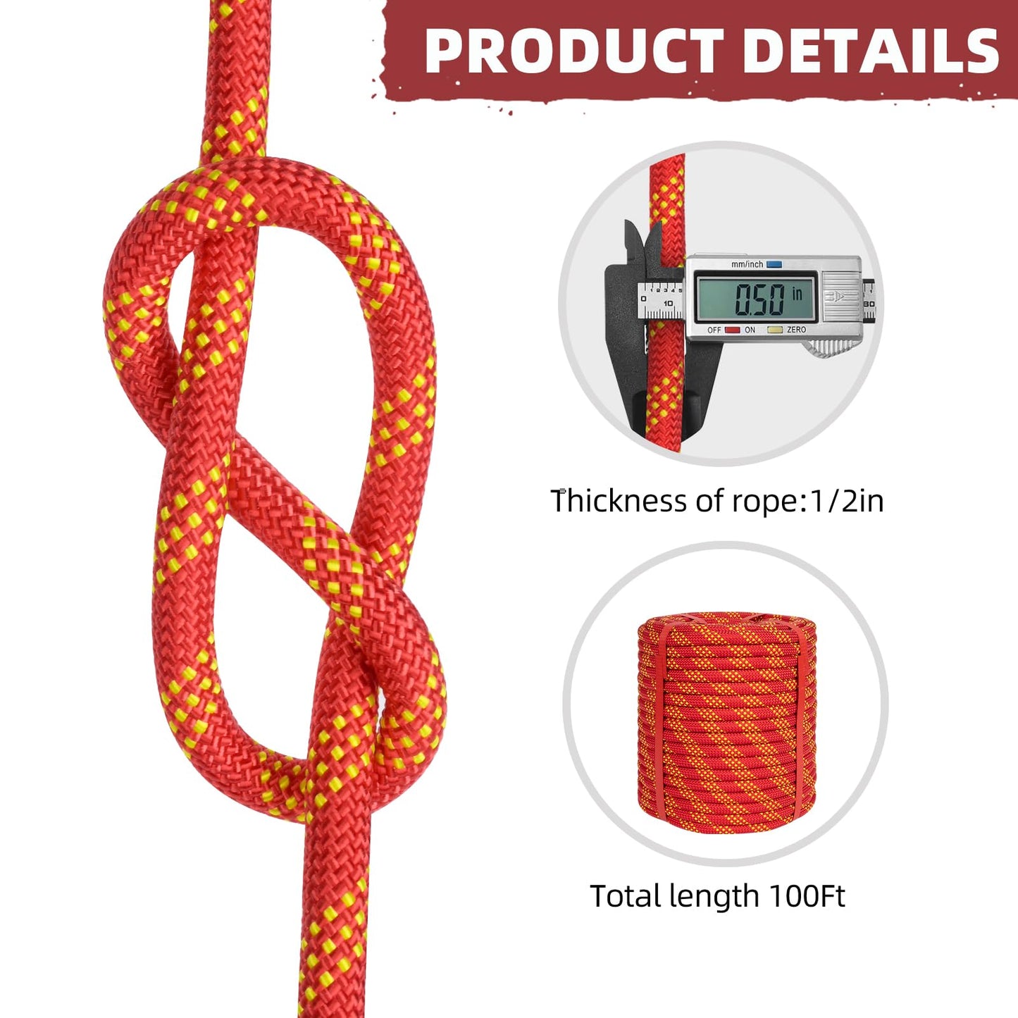 1/2 Inch Climbing Rope 150 Ft Red - 48 Strands Tree Climbing,1/2in Arborist Rope,Rappelling Rope,Static Nylon Polyester Braided Rope,Bull Rope for Tree Pulling,Nautical Rigging Rope Swing