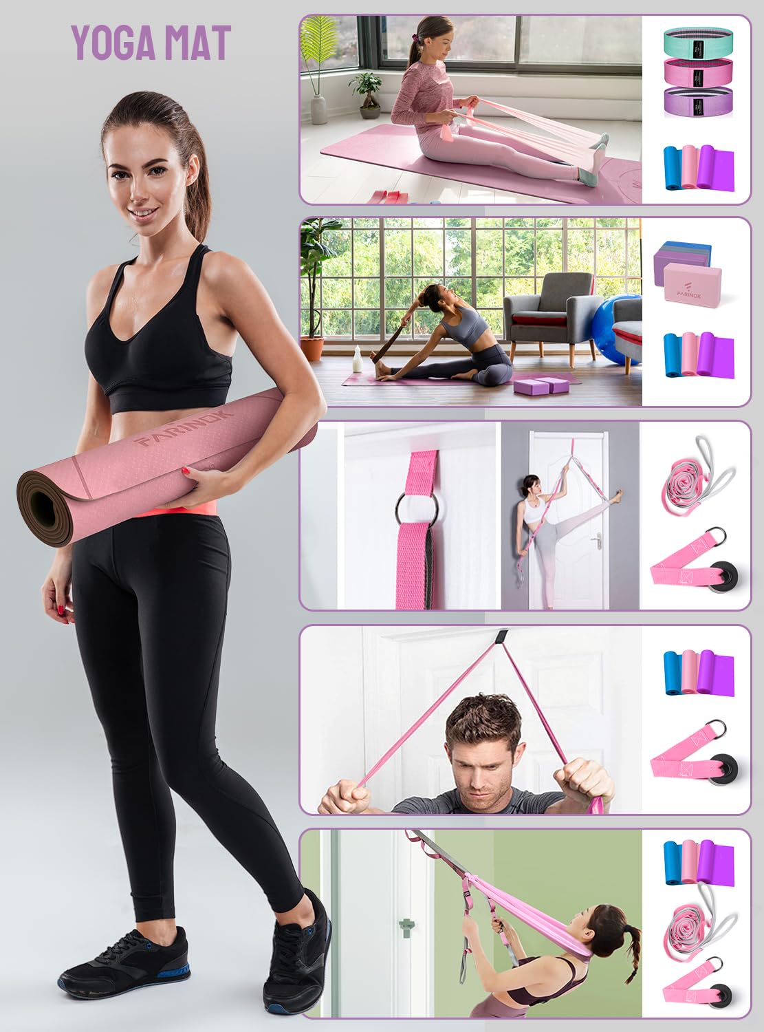 1/3 Yoga Mat Thick, Yoga Kit and Sets for Beginners Include High Density Mat with Multi-loops Strap, Blocks, Booty Resistance Band Set & Door Anchor (9MM, BLUE&RED)