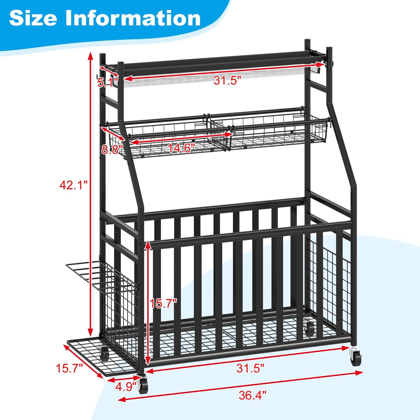 Jsskeeim Garage Sports Equipment Organizer,Sports Ball Organizer with Wheels,Mesh Pocket, Basket,Ball Organizer with Baseball Bat Rack and HooksToy Storage Rolling Cart-Black