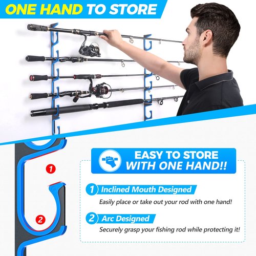 PLUSINNO H5 Horizontal Fishing Rod/Pole Holders for Garage, Wall or Ceiling Mounted Fishing Rod Rack, Aviation Aluminum Fishing Pole Holder Holds up to 10 Rod or Combos or Nets Storage Racks