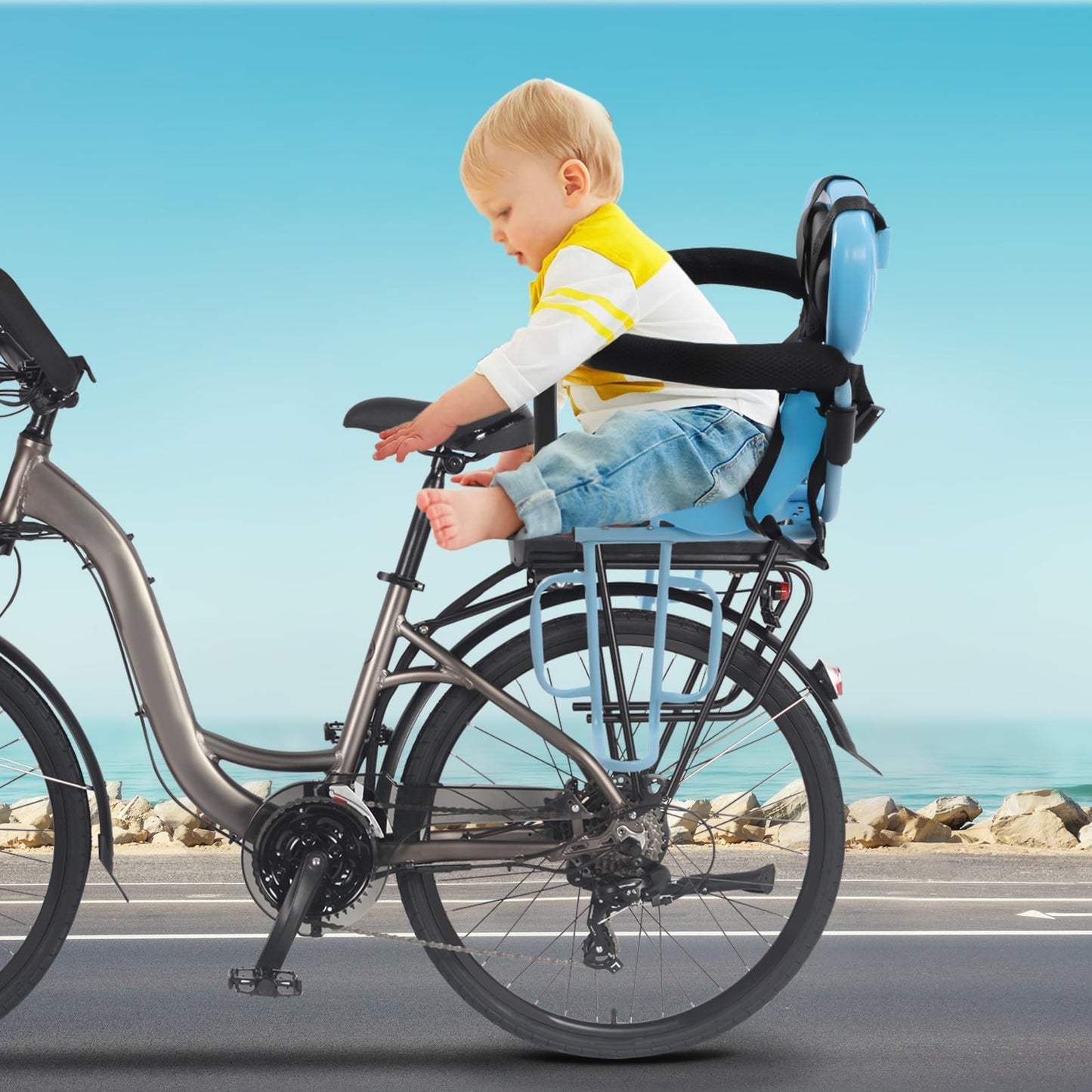 JCHAJMCONA Rear Mounted Kids Bike Seat with Removable Safety Back, Child Carrier Bicycle Seat for Mountain, Adult & E-Bikes