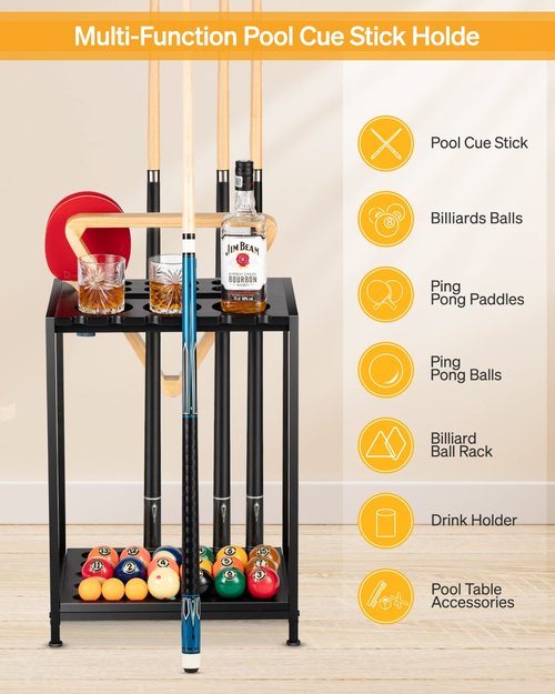 EXTCCT Billiards Pool Stick Holder - Pool Cue Rack Floor Stand & Ping Pong Paddle Holder Hardwood Pool Cue Holder for 12 Cues Sticks Pool Table Accessories Organizer (Black)