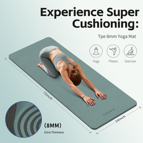 PAIDU Yoga Mat 8mm Super Thick TPE Fitness Mat | SGS Certified | Non-Slip, Odorless & Tear-Resistant | Unisex with Strap | for Yoga, Pilates, Meditation & Home Workouts (Deepgreen&Gray)