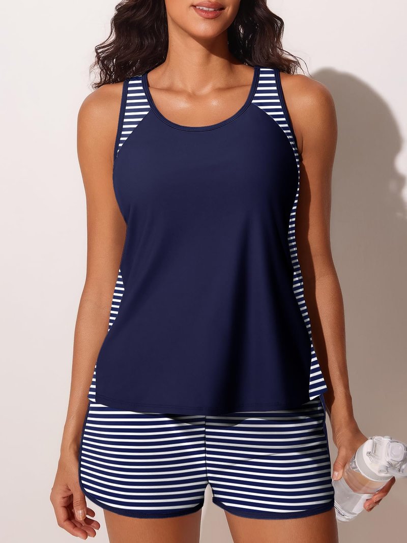 Summer Mae Blouson Tankini Swimsuits for Women 2026 Tummy Control Two Piece Bathing Suits with Sporty Pockets Swim Shorts Blue and White Stripes Size 12