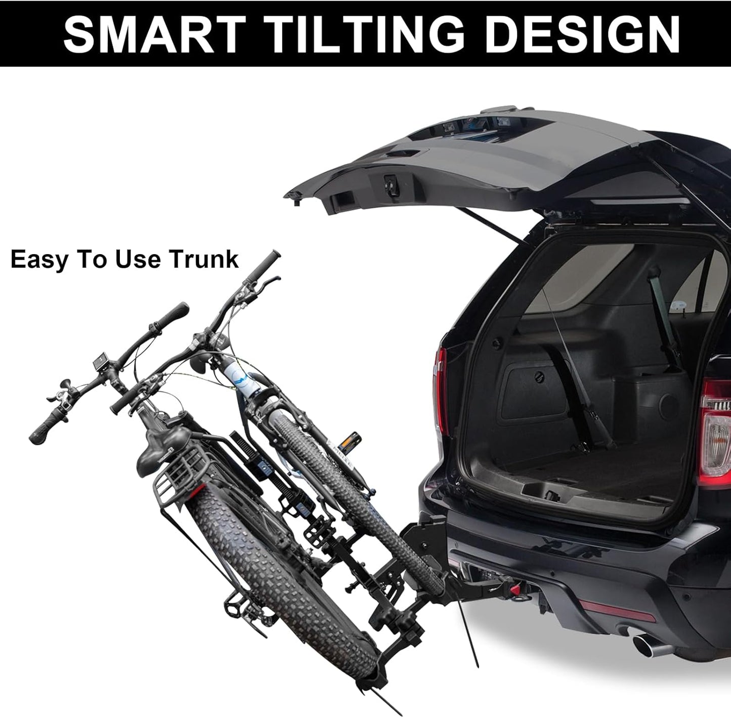 2 Bike Rack Hitch Mount Platform Style for Cars Trucks SUVs, 160 lbs Capacity Smart Tilting Folding Bicycle Car Racks Fits Electric Bike with Up to 5" Fat Tires, 2" Receiver