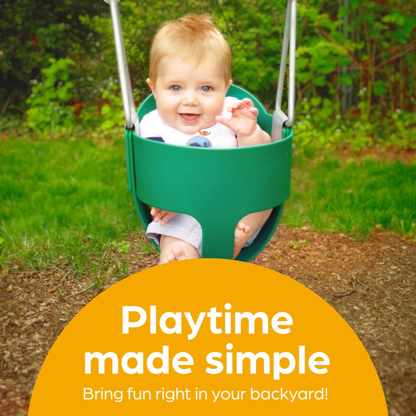 Jungle Gym Kingdom Baby Swing Outdoor - Heavy Duty Toddler Swing Set Accessories, High Back, Full Bucket Seat with Coated Chains for Outdoor Use - Fully Assembled - Green