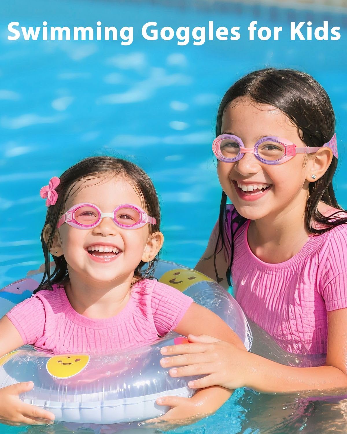 Pixel Panda 2 Pack Kids Swim Goggles with Fabric Strap for 3-12 Anti-Fog Anti-UV, No Leak No Hair Pulling Swimming Goggles Boys Girls Youth Toddlers Pool Water Protection(Pink and Purple)