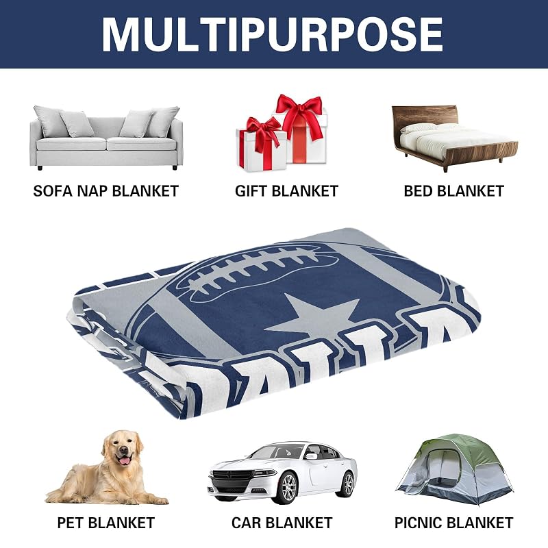 80x60 In Football Blanket - Lightweight Soft Flannel Throw in Blue