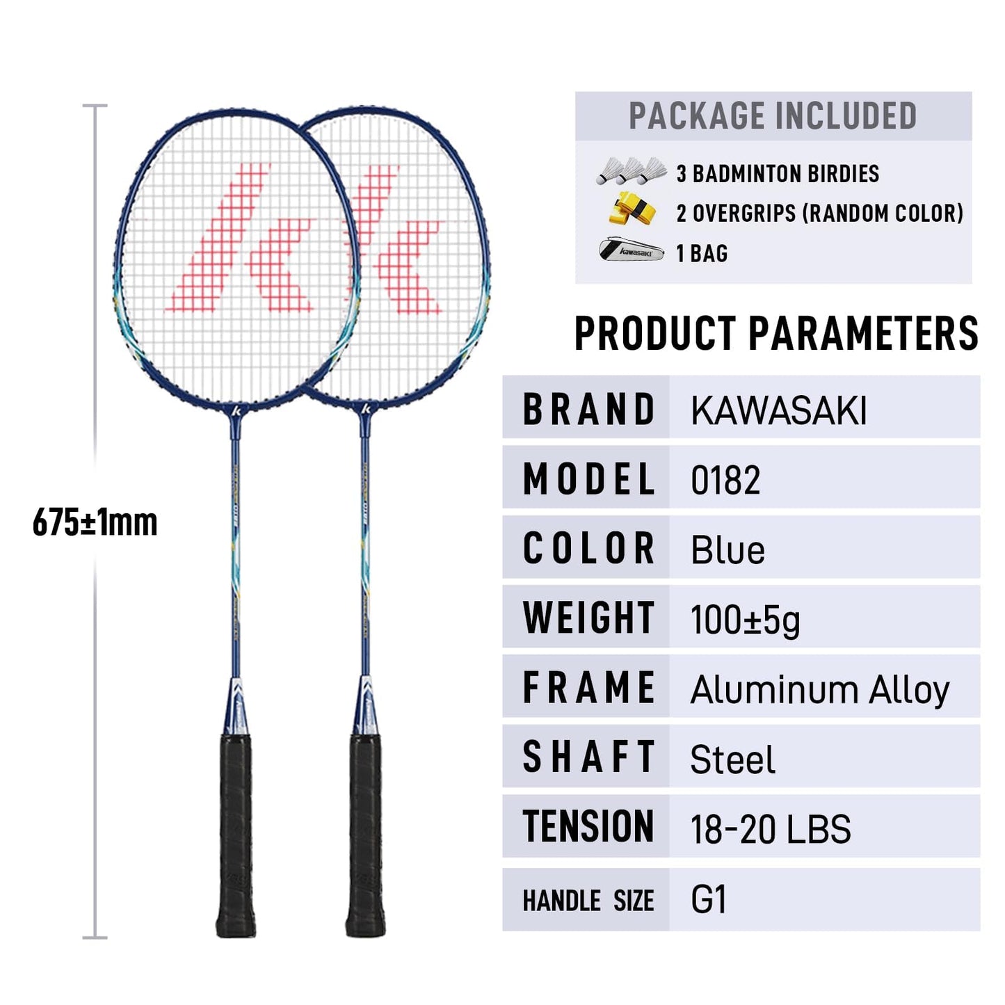 Kawasaki Badminton Racket Professional Badminton Sets of 2 Lightweight Badminton Rackets for Backyard with 3 Shuttlecocks, 2 Racquet Overgrips & Carrying Bag for Training, Sports(Blue)