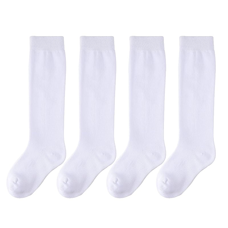 Knee High Crew Socks for Kids 3-14 - Seamless Toe Cotton School Uniform Pack - Plain White 4-pack