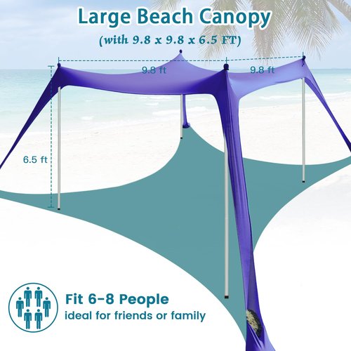 Beach Tent Sun Shelter - 10 x 10 Ft Beach Canopy UPF50+ UV Protection with Sandbags, Poles, Grond Pegs and Anti-Wind Ropes for Camping, Fishing, Backyard and Picnics