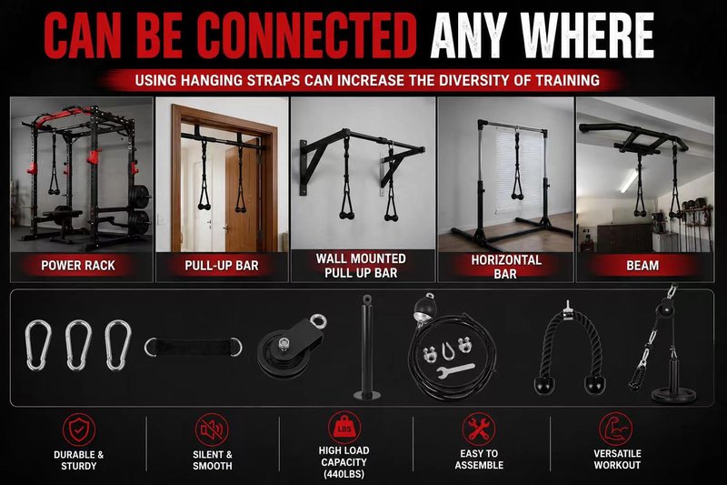 Cable Pulley System Home Gym, LAT Pull Down Weight Pulley System Gym Fitness DIY Loading Pin Weight Lifting Triceps Rope Workout Adjustable Length Pulley Cable Machine Attachments for Home Gym