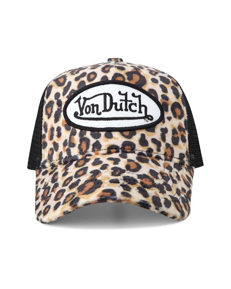 Von Dutch Velvet Trucker Hat - Curved Bill, Mesh Back, Snapback, Natural Leopard