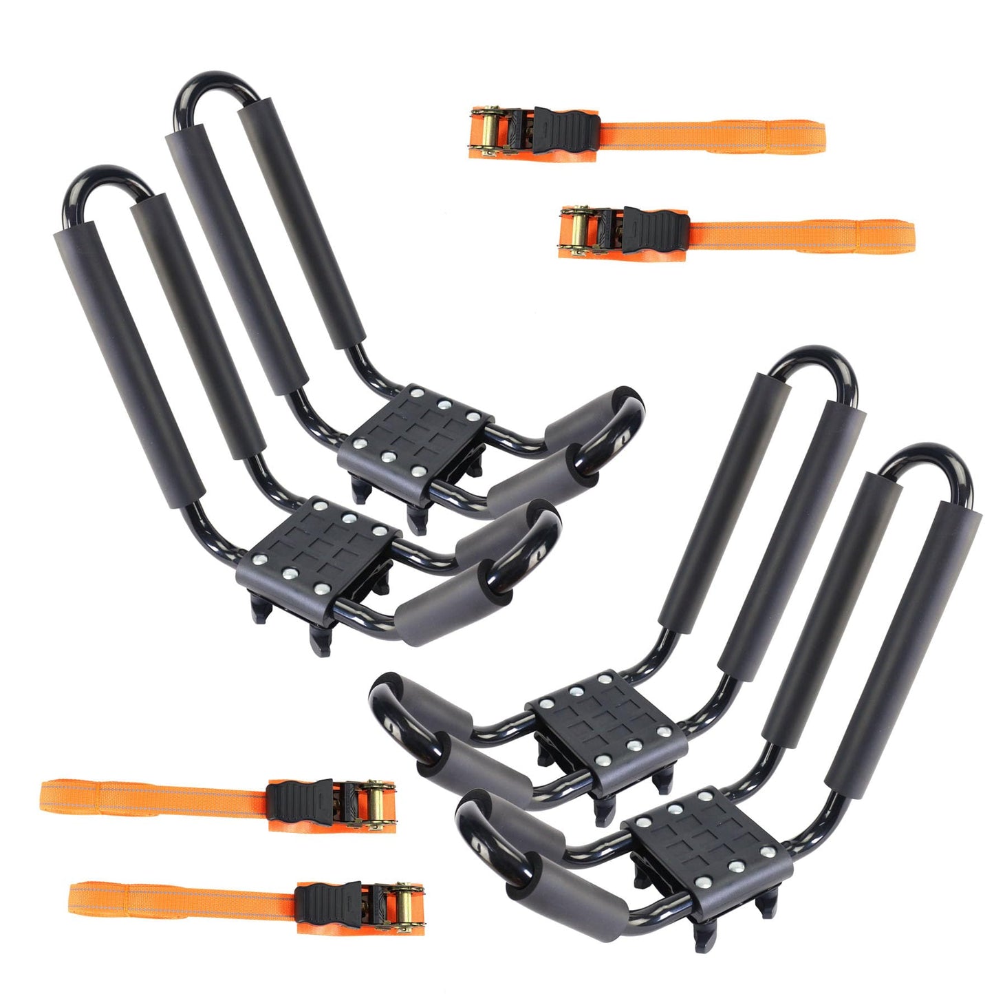 2 Pairs Heavy Duty Kayak Roof Rack J-Bar Carrier Holder - Includes 4 Pcs Ratchet for Canoe, SUV, Cars, Truck, Surf Ski, Tie-Mount on Car Roof Top Crossbar for Trip, Set of 4