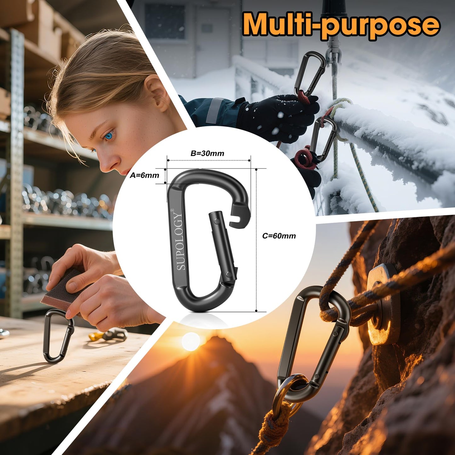 10 PCS Carabiner Clips, Heavy Duty Carabiners D Ring Hook, 900 LBS 2.5" Steel Black Carabeaner Clip Multipurpose for Key Chain, Camping, Hiking, Gym, Backpacking, Pet Leash
