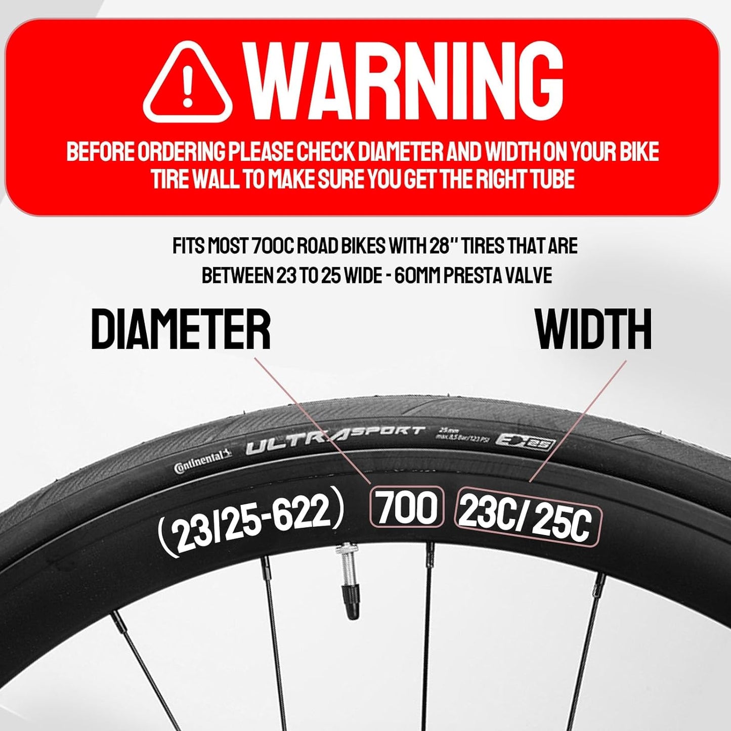 2 Pack 700 x 23-25c Road Bike Inner Tubes, 60mm Presta Valve Premium Quality Butyl Inner Tube with 2 Tire Levers
