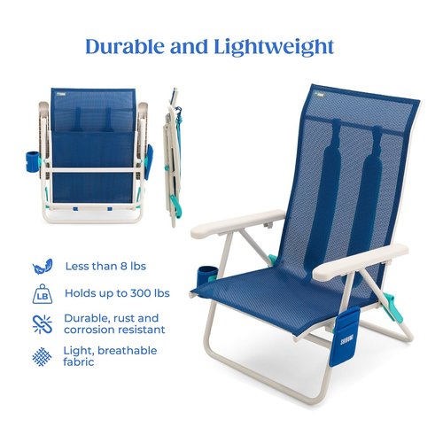 Shibumi Beach Chair. Anti-Rust Marine Grade Frame. 300lb Capacity. Weighs 8 Pounds. Adjustable Padded Backpack Straps. Breathable Fabric.