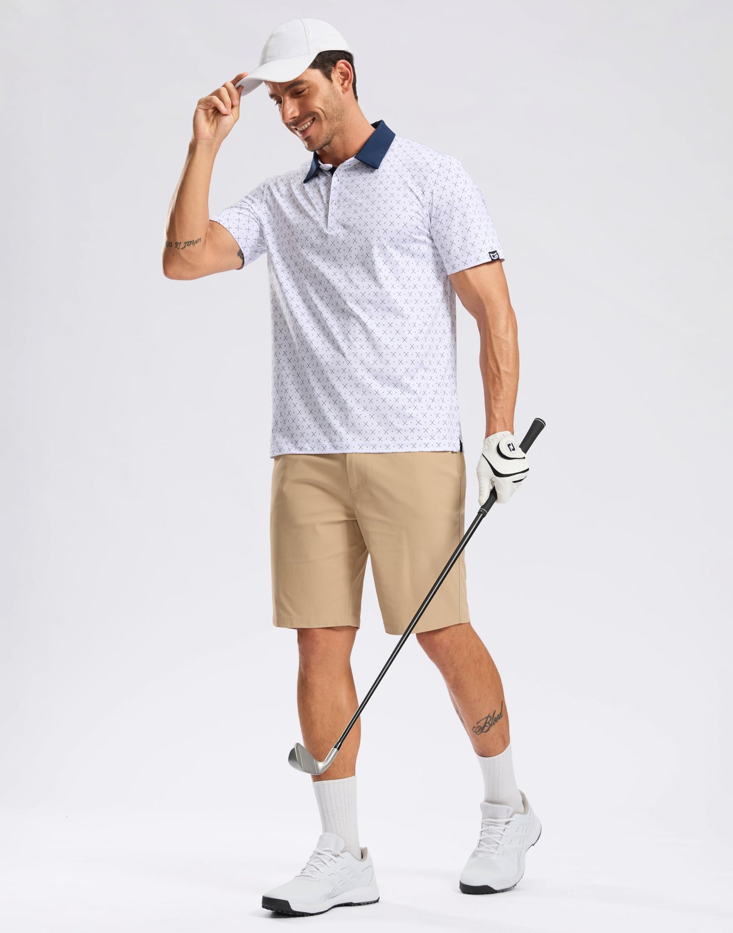 Men's Golf Shirt Short Sleeve Dry Fit Polo Moisture Wicking Print Collared Golf Shirts for Men Casual Lightweight(Golf Clubs White,L)