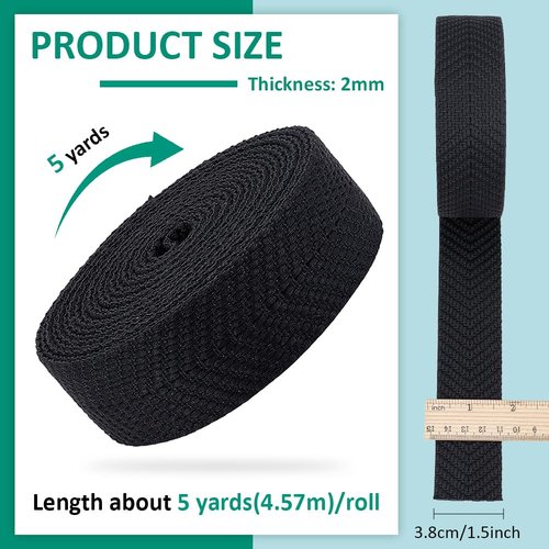 BENECREAT 5 Yards Polycotton Webbing, 1-1/2 Inch Wide Black Jacquard Webbing with V Pattern Flat Webbing for Webbing Bag Handles,Tote Bag Webbing, Fabric Tape