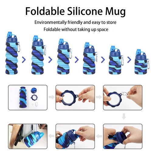 YCTMALL Collapsible Water Bottles Two Pack Travel Sports Portable Sport Water Bottle comes with mountaineering Buckle 500ml silicone Water-proof camping water bottle (Purple and Grey Color)