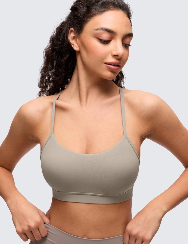 CRZ YOGA Butterluxe Y Back Sports Bras for Women - Padded Racerback Low Impact Spaghetti Thin Strap Workout Yoga Top Warm Ash Grey Large