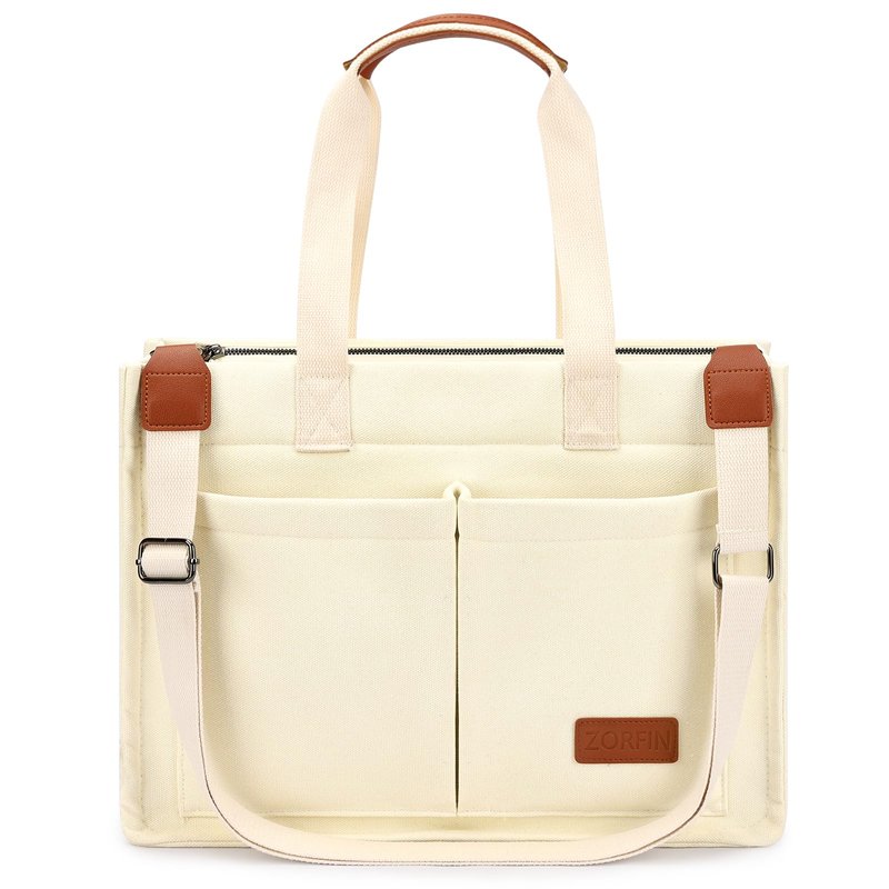 ZORFIN Canvas Tote Bag for Women with Zipper and Compartments Crossbody Work Laptop Bag for Travel College Office, Beige