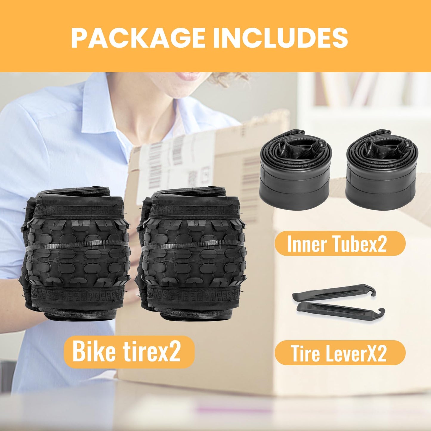 2-Pack Kids Bike Tires Set: Hycline 16x2.125 Inch (57-305 mm) Folding Replacement Puncture-Resistant Bicycle Tires and Pair Inner Tubes with Tire Levers for Beach Urban City Commuter Bike-Black