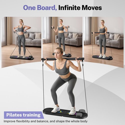 MOVOCA Pilates Board, Foldable Pilates Reformer Equipment with Timer, 7-in-1 Multi-Purpose Portable Pilates Reformer Machine Home Pilates Kit for Home Workout, Fitness, Exercise, Abs, Core Equipment