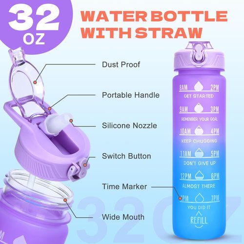 FLEEODAN Water Bottle with Straw, 32oz Motivational Water Bottles with Time Marker, LeakProof Tritan BPA Free,Sports Water Bottle with Handle for Women Man Gym Fitness Outdoor(Pink)