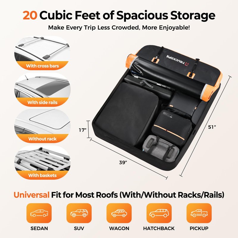 Truckiipa Car Rooftop Cargo Carrier Bag, 20 Cubic Feet Waterproof Roof Cargo Carrier Bag, Soft Shell Car Top Cargo Box for All Vehicles with/Without Racks, Anti-Slip Mat, Door Hooks, Luggage Lock