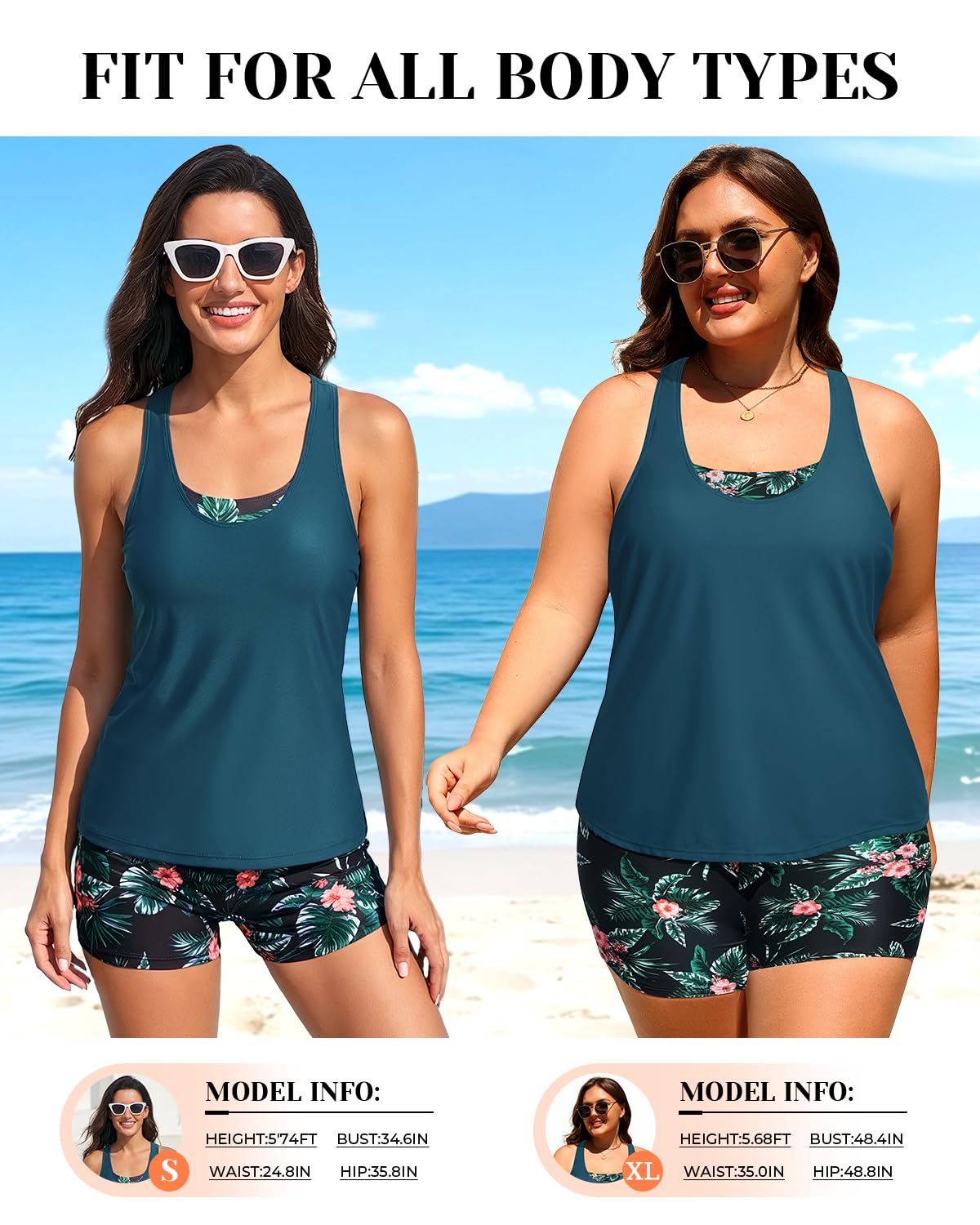 Holipick Green and Flower 3 Piece Tankini Swimsuits for Women Tummy Control Bathing Suits Swim Tank Top with Bra Boy Shorts Teen Swimwear XL