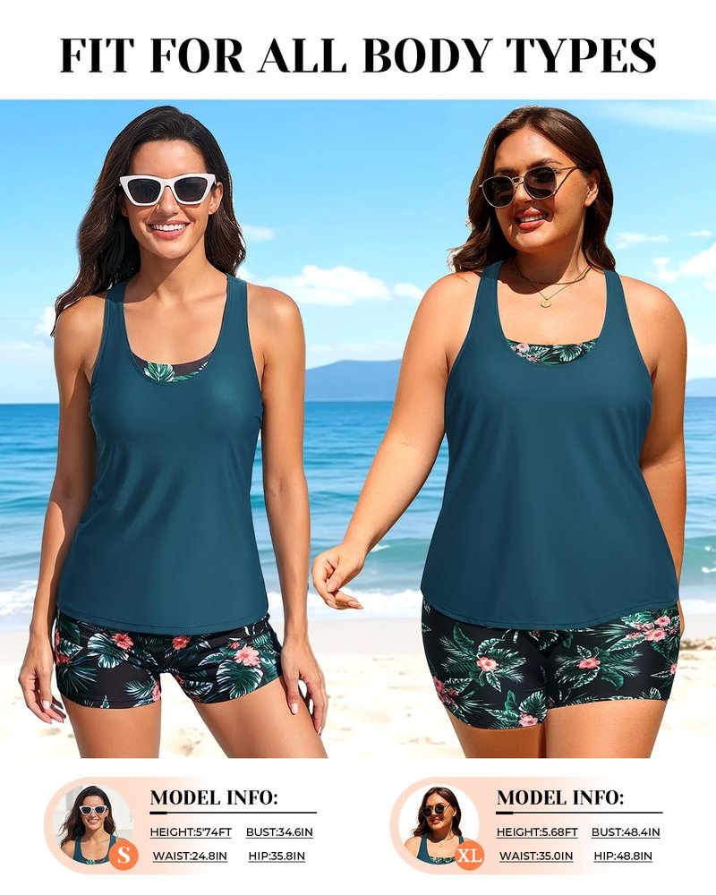 Holipick Green and Flower 3 Piece Tankini Swimsuits for Women Tummy Control Bathing Suits Swim Tank Top with Bra Boy Shorts Teen Swimwear XL