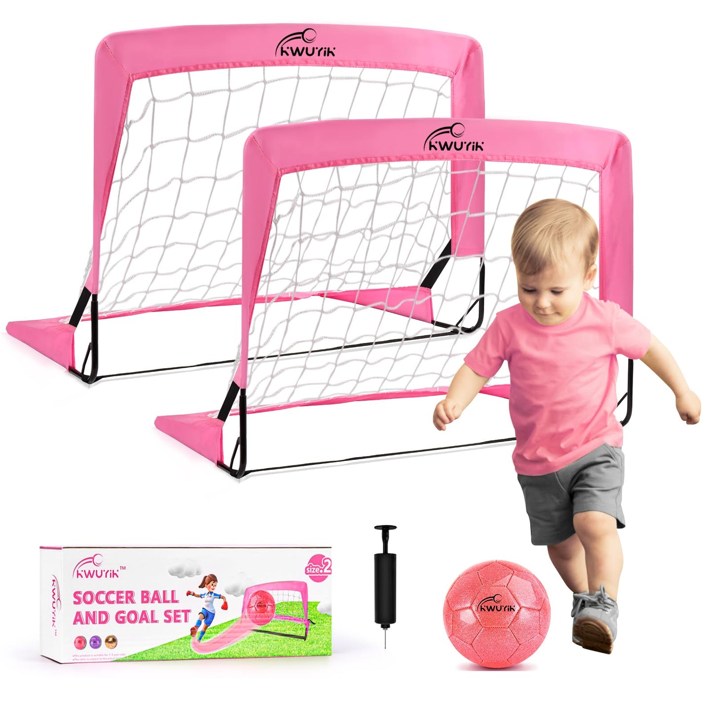 2 Pcs Pink Mini Soccer Goals Set 2x1.5x1.5ft Indoor Soccer Nets for Kids with Size 2 Toddler Soccer Ball Foldable Net Toy with Pump for Children Boys Girls Backyard (Pink)