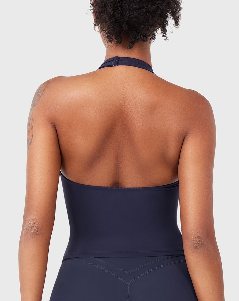 YEOREO CoreFlex Womens Halter Tank Tops Workout Impact Longline Strappy Top Padded Deep V Neck Wrap Gym Backless Camisole Navy L