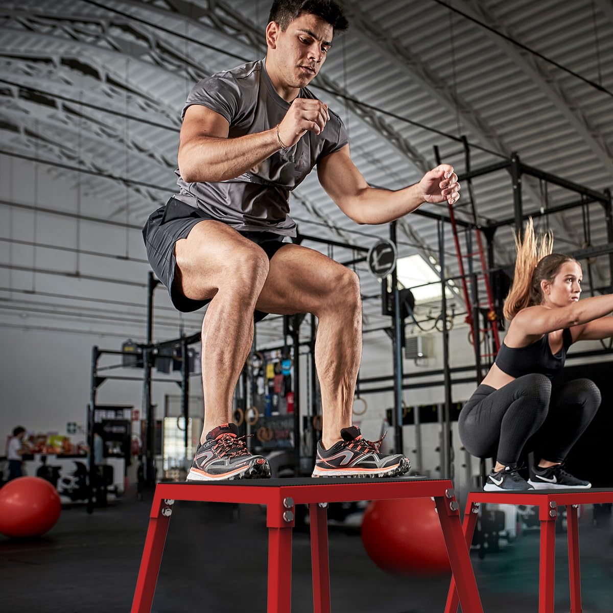 12 Inch Steel Plyo Box for Exercise, Plyometric Jumping Box,Metal Exercise Step Up Box with Anti-Slip Surface for Home Gym, Red