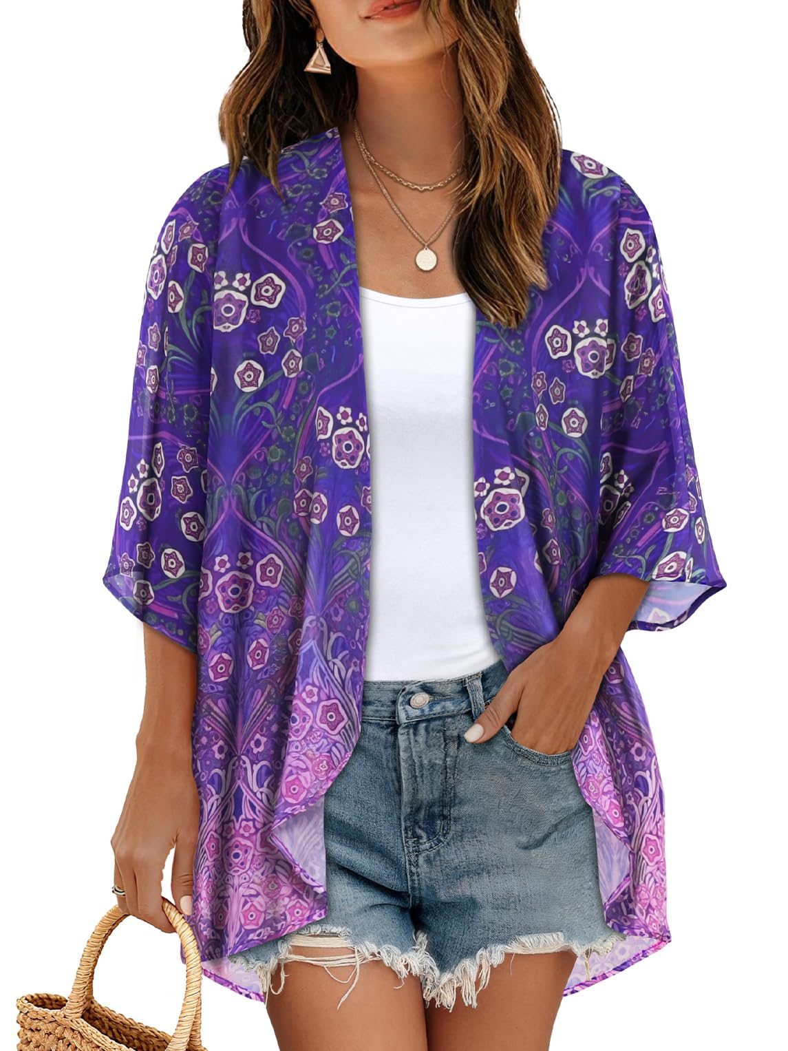 Women's Floral Kimono Print Puff Sleeve Loose Cardigan Cover Up Casual Blouse Tops (Purple Green Floral, L)