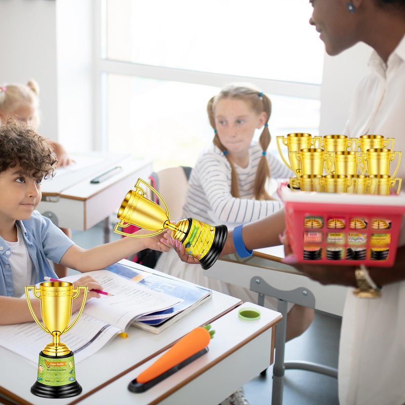 12 Pcs Bulk Mini Trophies 5.7 Inch Plastic Gold Trophy Cups with Award Certificates Stickers for Student Recognition Rewards End of Year Sports Tournament Winning Prizes Party Favor Competition Office