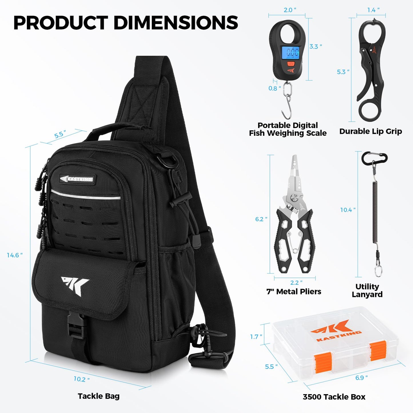 KastKing Everyday Essential Fishing Sling Bag & Tool Set, Fishing Scale & 3500-Tackle Box Waterproof, 7" Fishing Pliers, Lip Gripper - Fishing Gear and Gift for Men