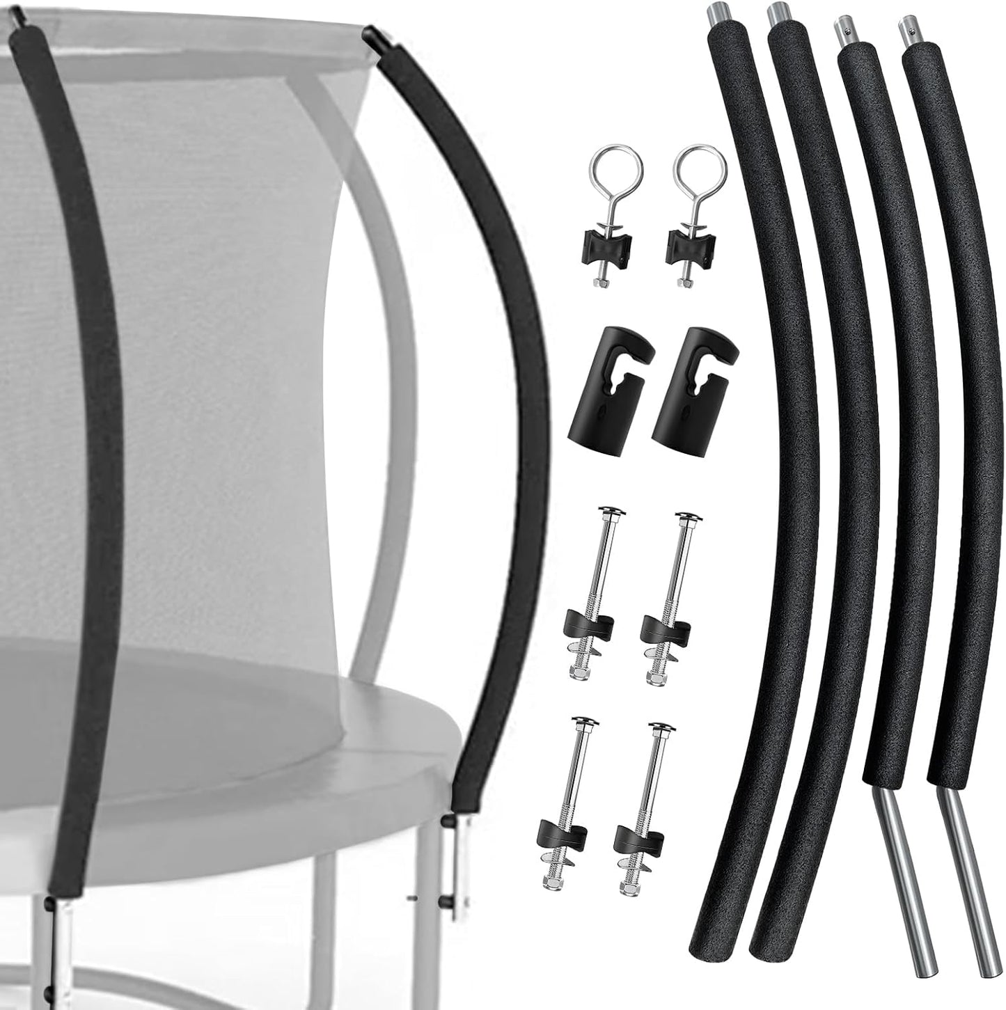 2 Sets Universal Trampoline Replacement Curved Net Pole, Curved Poles Kit for 10-16ft Frame, with Plastic Tube Cap, Mounting Hardware, Foam Cover Padding