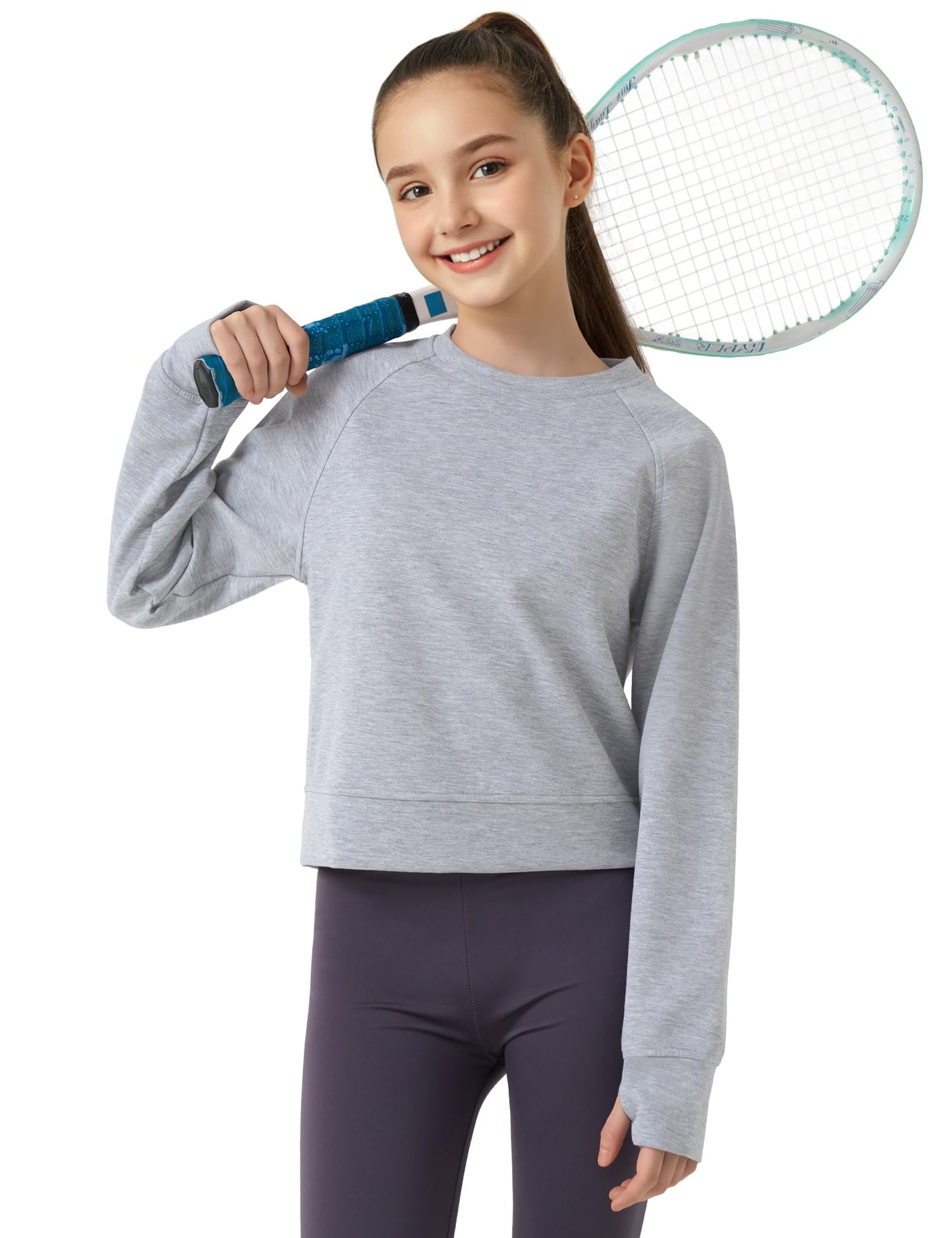 JOCMIC Girls Cropped Sweatshirt Soft Pullover Long Sleeve Shirts with Thumb Hole Fall Tops for Teens Petite Women Grey 11-12 Years