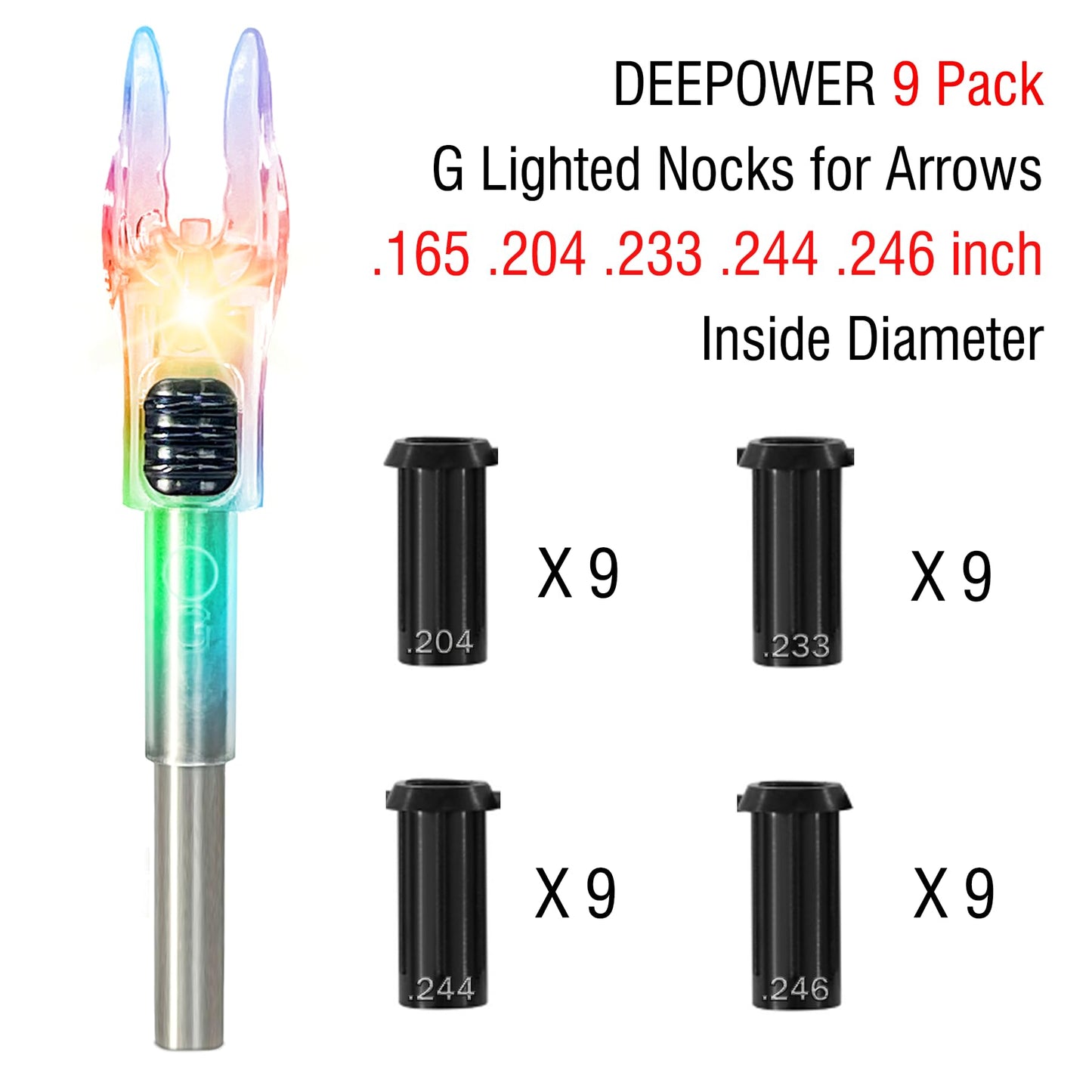 DEEPOWER 4/9 PCS G Lighted Nocks for Arrows .165 .204 .233 .244 .246 inch Inside Diameter with X,H,S,GT Bushings LED Lighted Nock and ON/Off Switch for Archrey Hunting