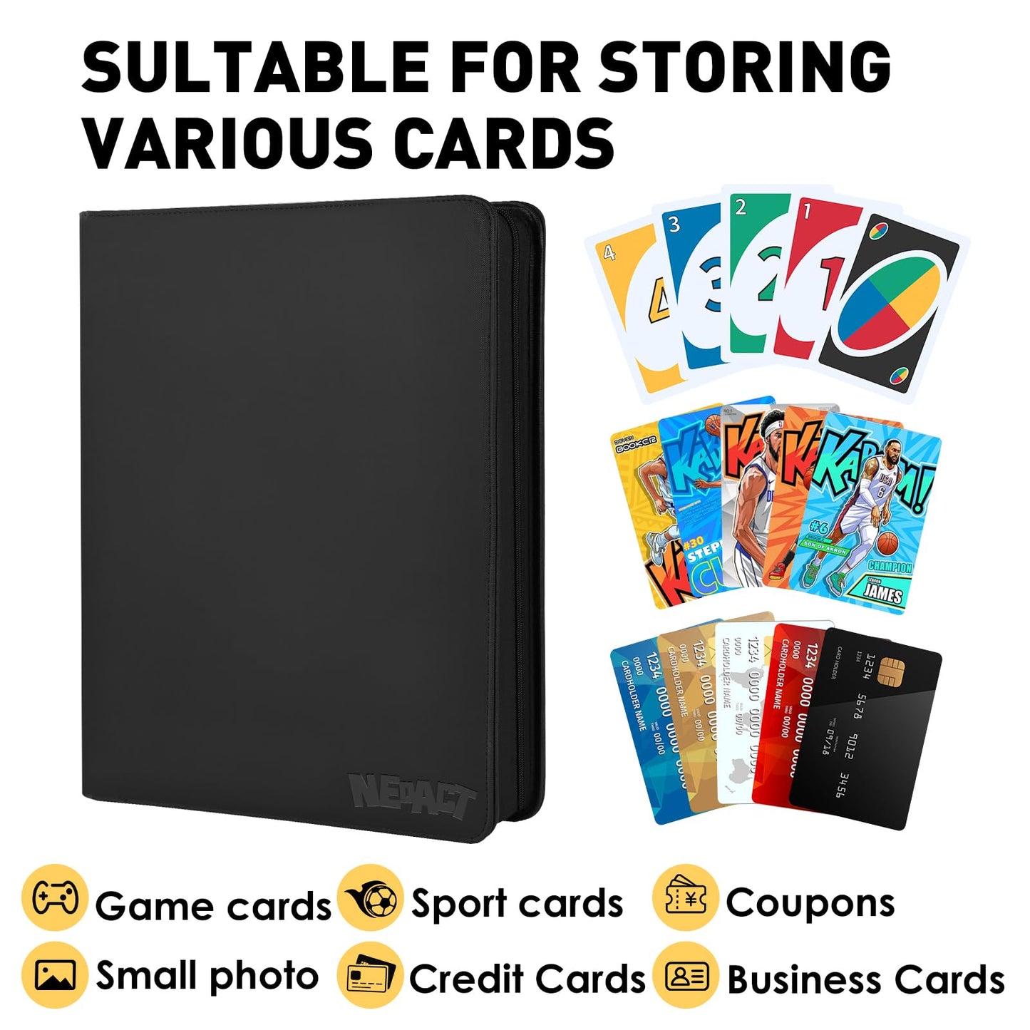 16 Pocket Card Binder,1280 Pockets Ringless Trading Card Binder,Premium Zipper Card Album Folder for TCG,MTG,Game&Sports Cards(BLACK)