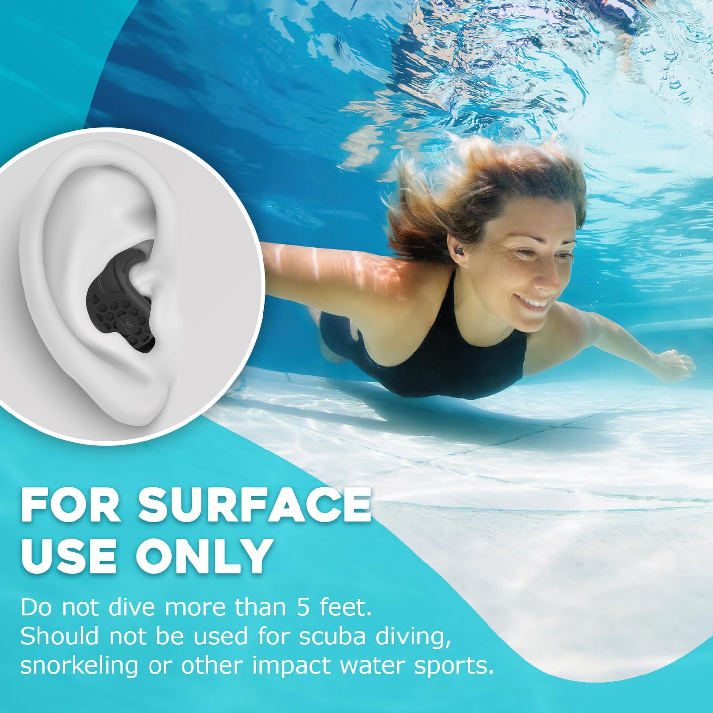 Swimming Ear Plugs, VIGOROAD 2 Pairs Waterproof Ultra Comfy Reusable Silicone Swimming earplugs for Swimmers, Shower, Bathing, Surfing, Pool and Other Water Sports(Adults, Teens & Kids 9+)