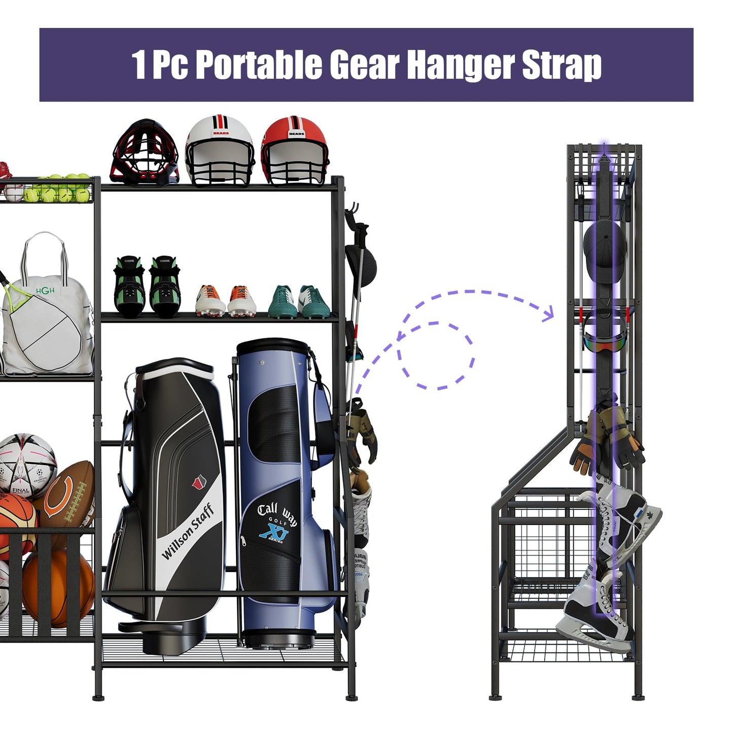 JIRTEMOT Sports Equipment Organizer, Heavy Duty Golf Bags Stand, Extra Large Ball Storage Rack for Garage, Sports Gear Storage with Basket and Hooks, Black