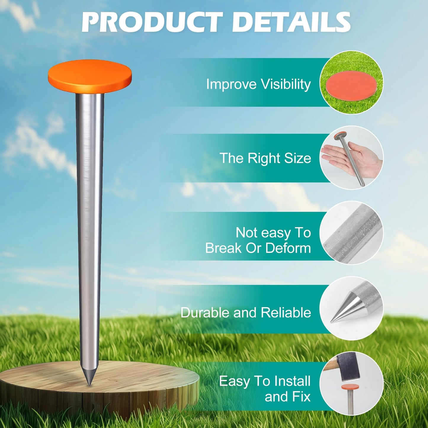 10Pack Low Profile Survey Stakes Stainless Steel Heavy Duty Survey Markers Stakes Low Profile Survey Markers Property Line Markers Property Markers for Property Line Ground Septic Tank Markers (10)