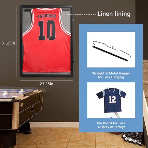 PKHROR Jersey Frame Display Case Large Lockable Sports Jersey Frame Shadow Box with Uv Protected Acrylic and Hanger for Baseball Basketball Football Soccer Hockey Sport Shirt Linen Black