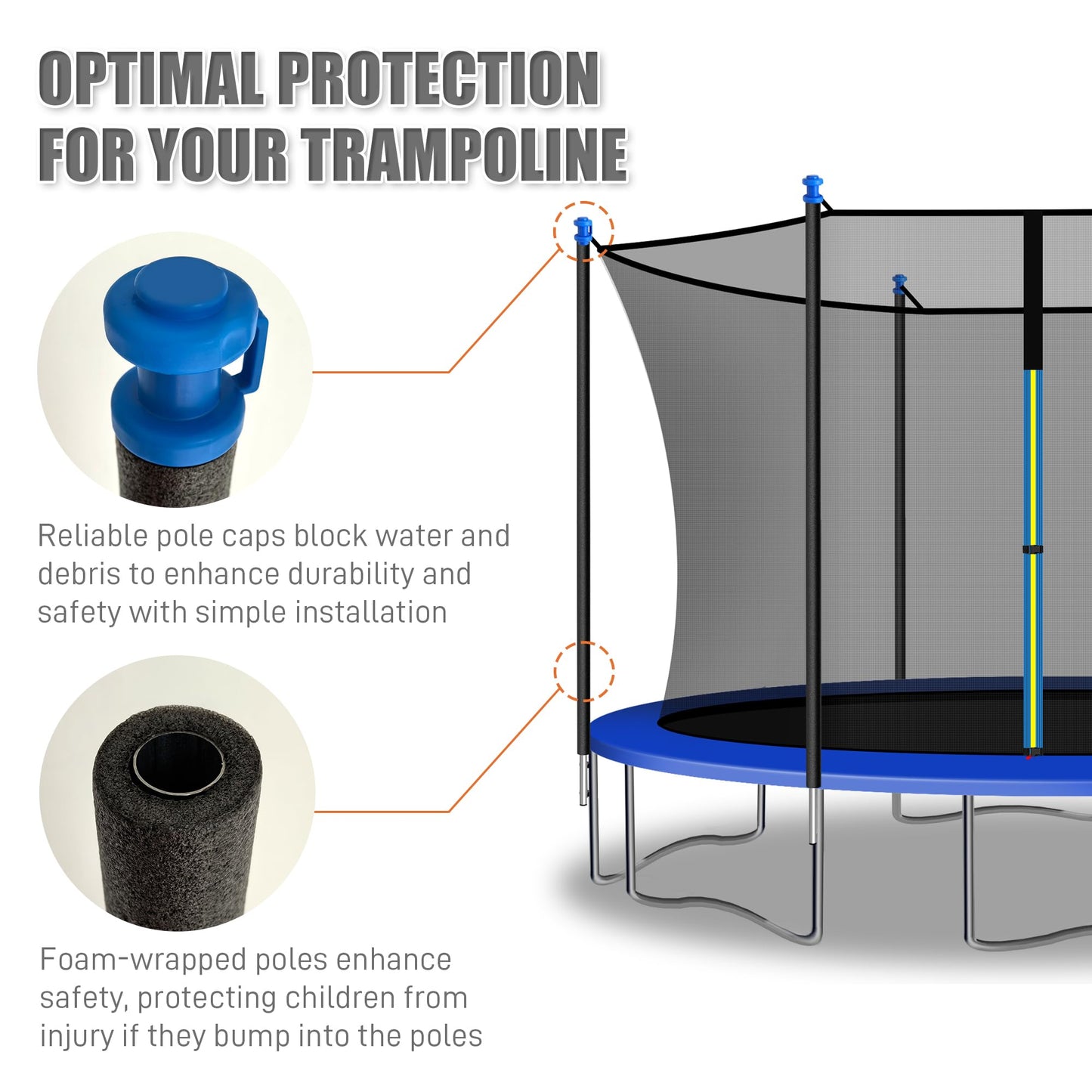 2PCS Trampoline Replacement Poles-Universal Trampoline Replacement Enclosure Poles Kit with Foam Sleeves,Pole Caps & Hardware for 2 Installation Methods, Fits 8-16FT Straight Pole Trampoline Frame