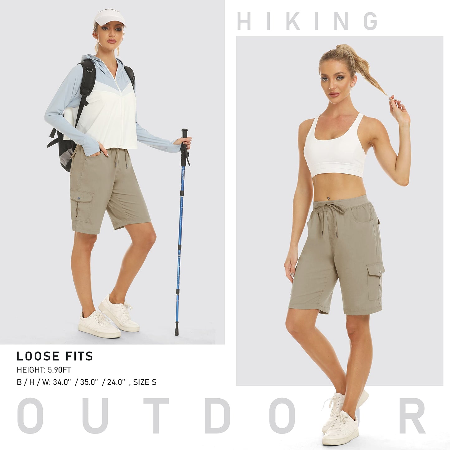 MoFiz Women's Hiking Long Shorts 10" Quick Dry Cargo Shorts for Women Lightweight Knee Length Athletic Shorts with Pockets Khaki M